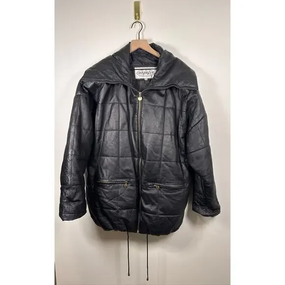 WINLIT Vintage Quilted Genuine Leather Puffer Jacket - Black, Large - Picture 2 of 8